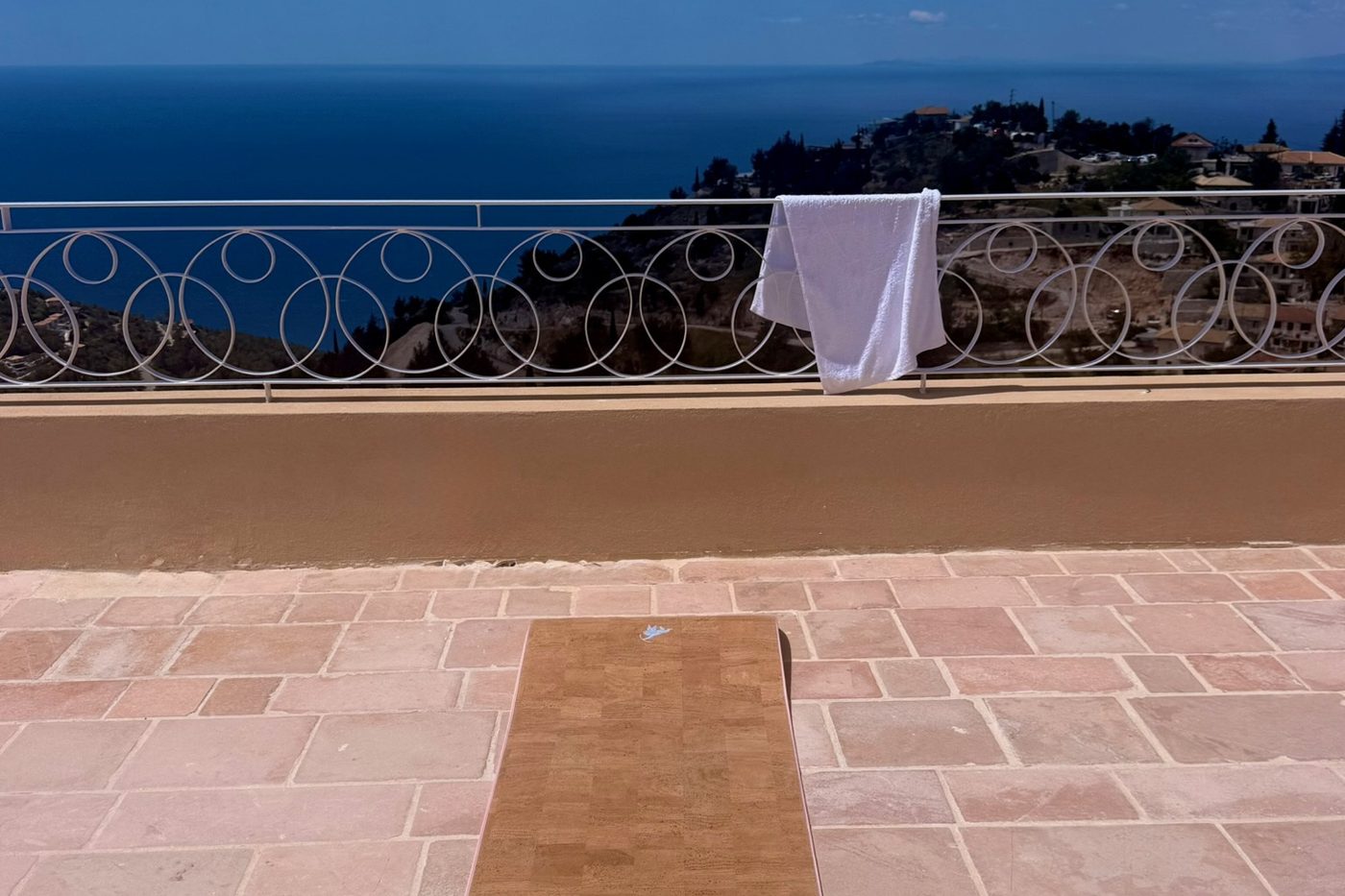 Morning practice terrace at Casa Condriada Villa, overlooking the Ionian Sea