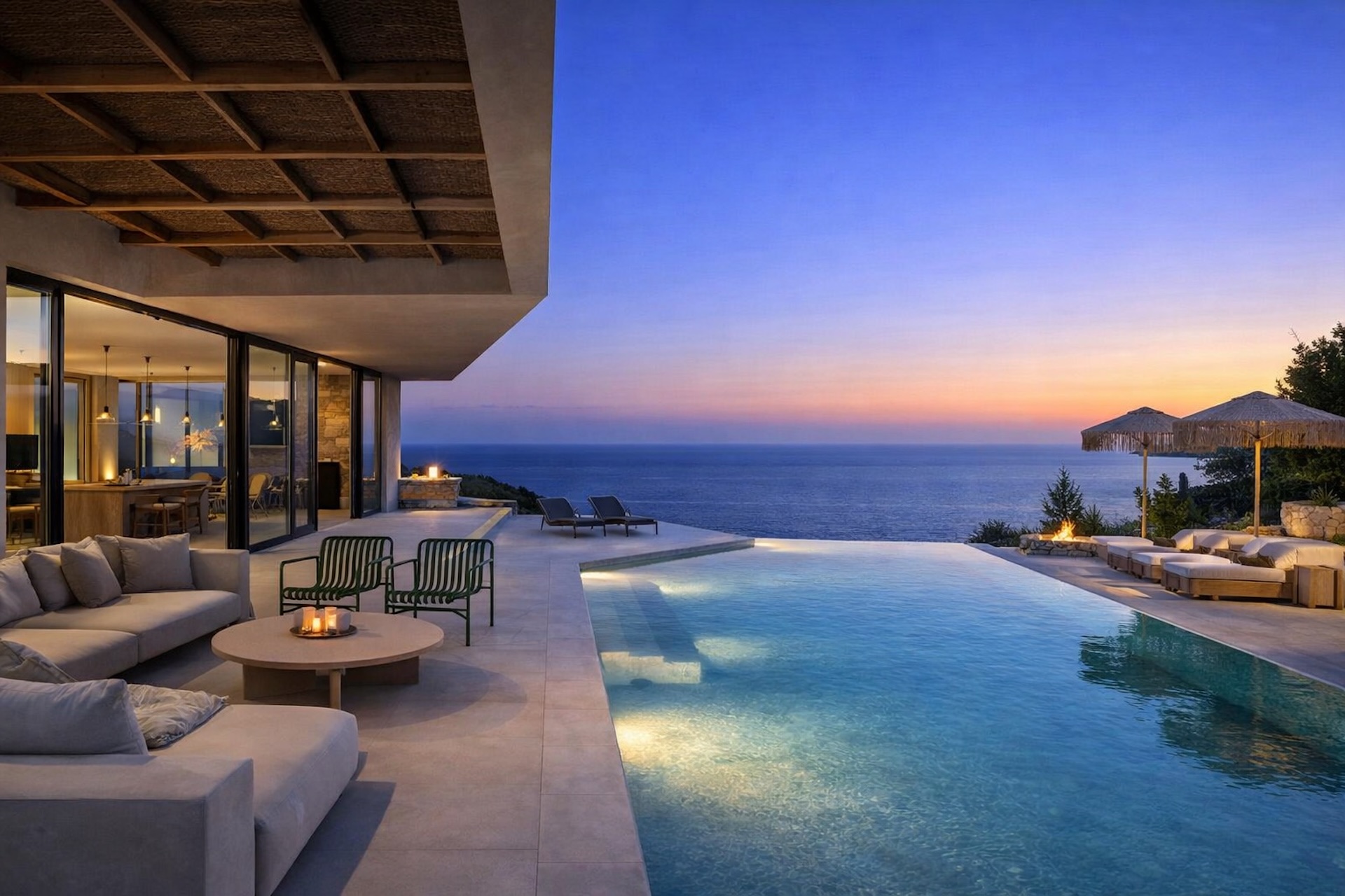 Private villa with infinity pool overlooking the Ionian Sea at sunset